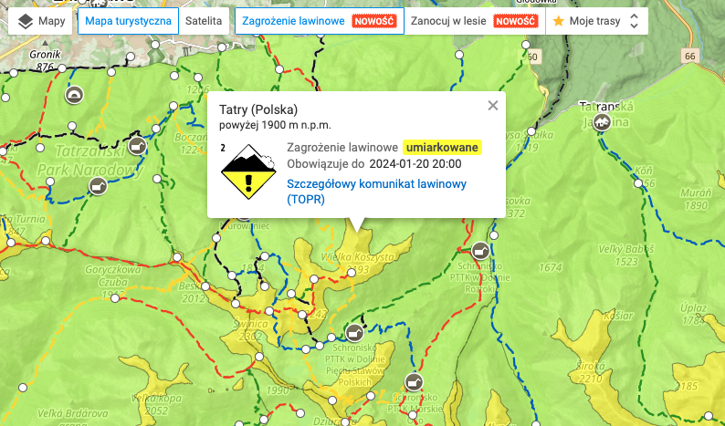 Mapa zagrożenia lawinowego w serwisie mapa-turystyczna.pl